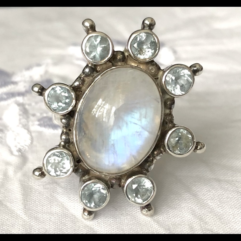 Silver Moonstone and Topaz snowflake ring
